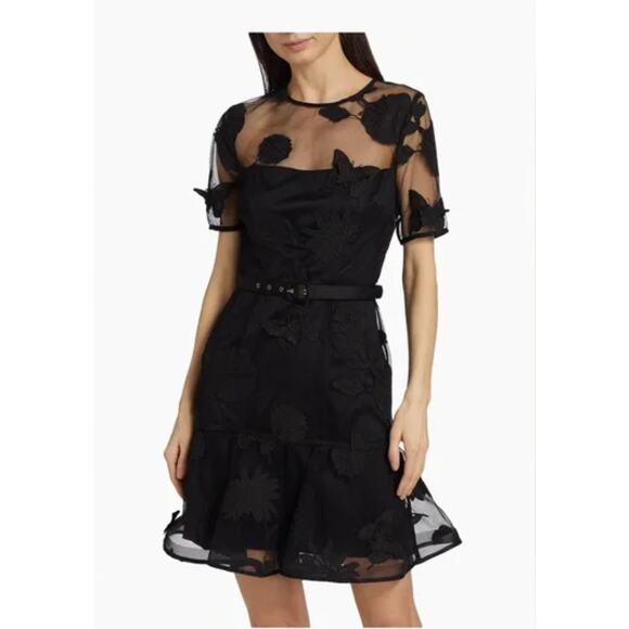 Milly Hannah Organza Belted Floral Embroidered Mini Dress Black Sheer Size 6 NEW - Picture 1 of 16